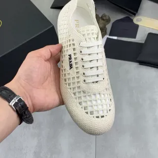 Prada Cloudbust Beige White Woven Grid Upper Flat Rubber Sole Lifestyle Sneakers