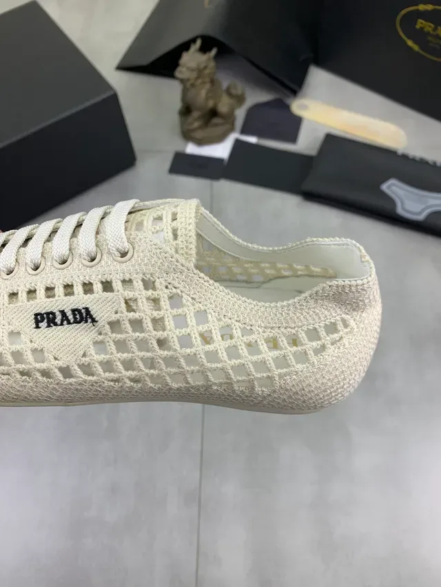 Prada Cloudbust Beige White Woven Grid Upper Flat Rubber Sole Lifestyle Sneakers 4