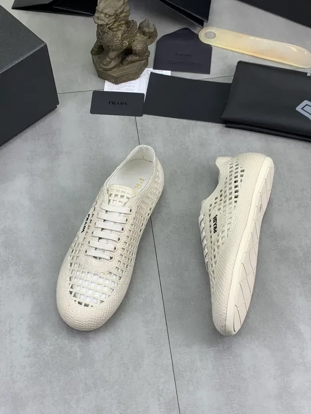 Prada Cloudbust Beige White Woven Grid Upper Flat Rubber Sole Lifestyle Sneakers 6