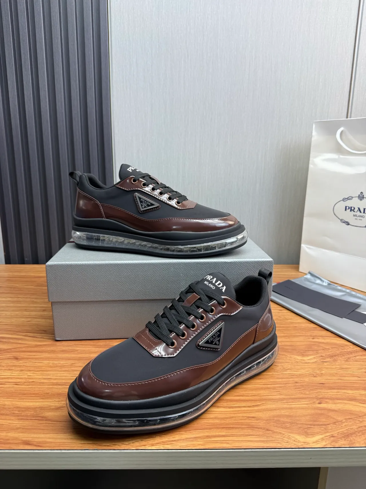 Prada Cloudbust Black and Brown Patent Leather Chunky Sneakers 2