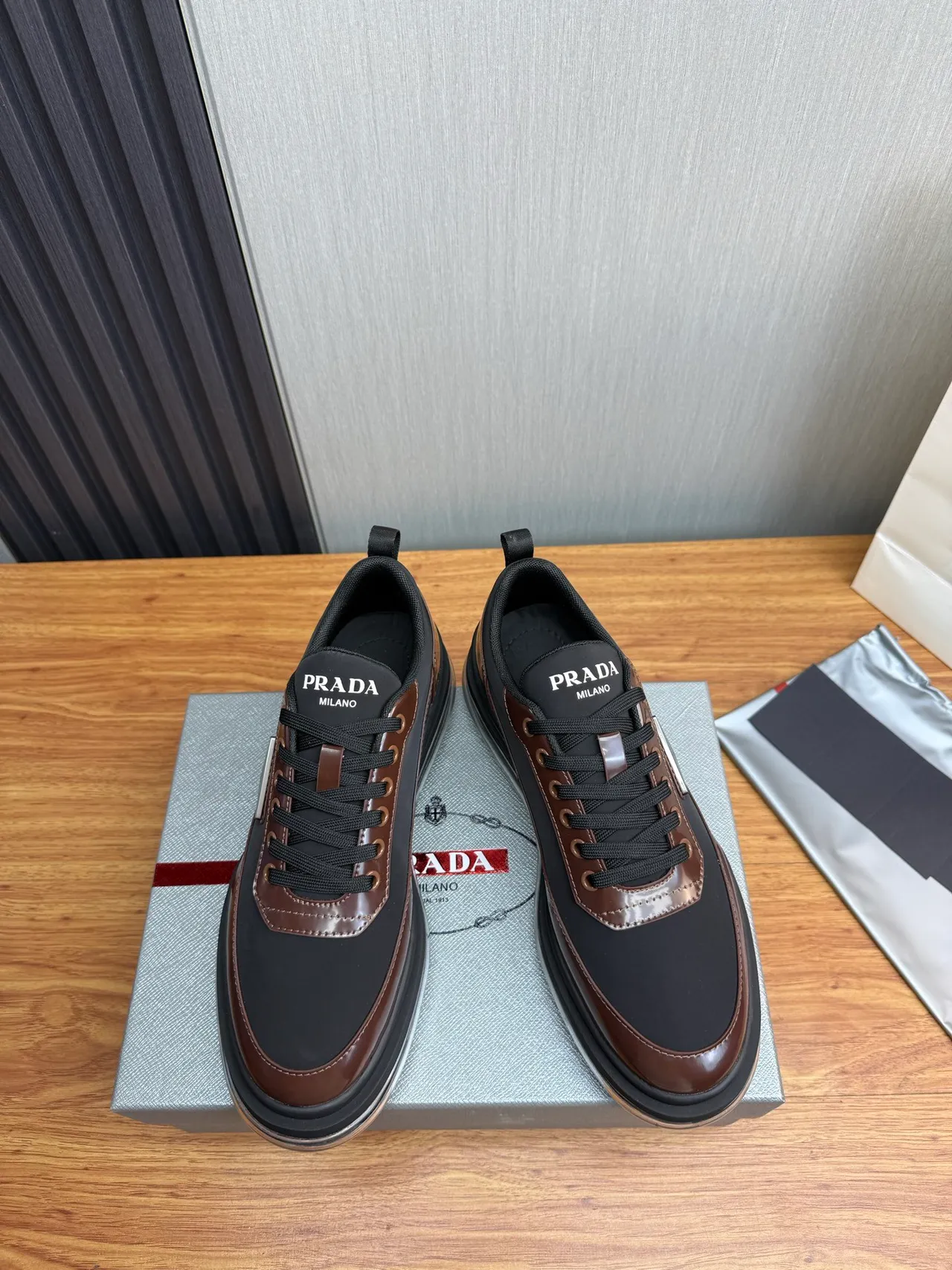 Prada Cloudbust Black and Brown Patent Leather Chunky Sneakers 3