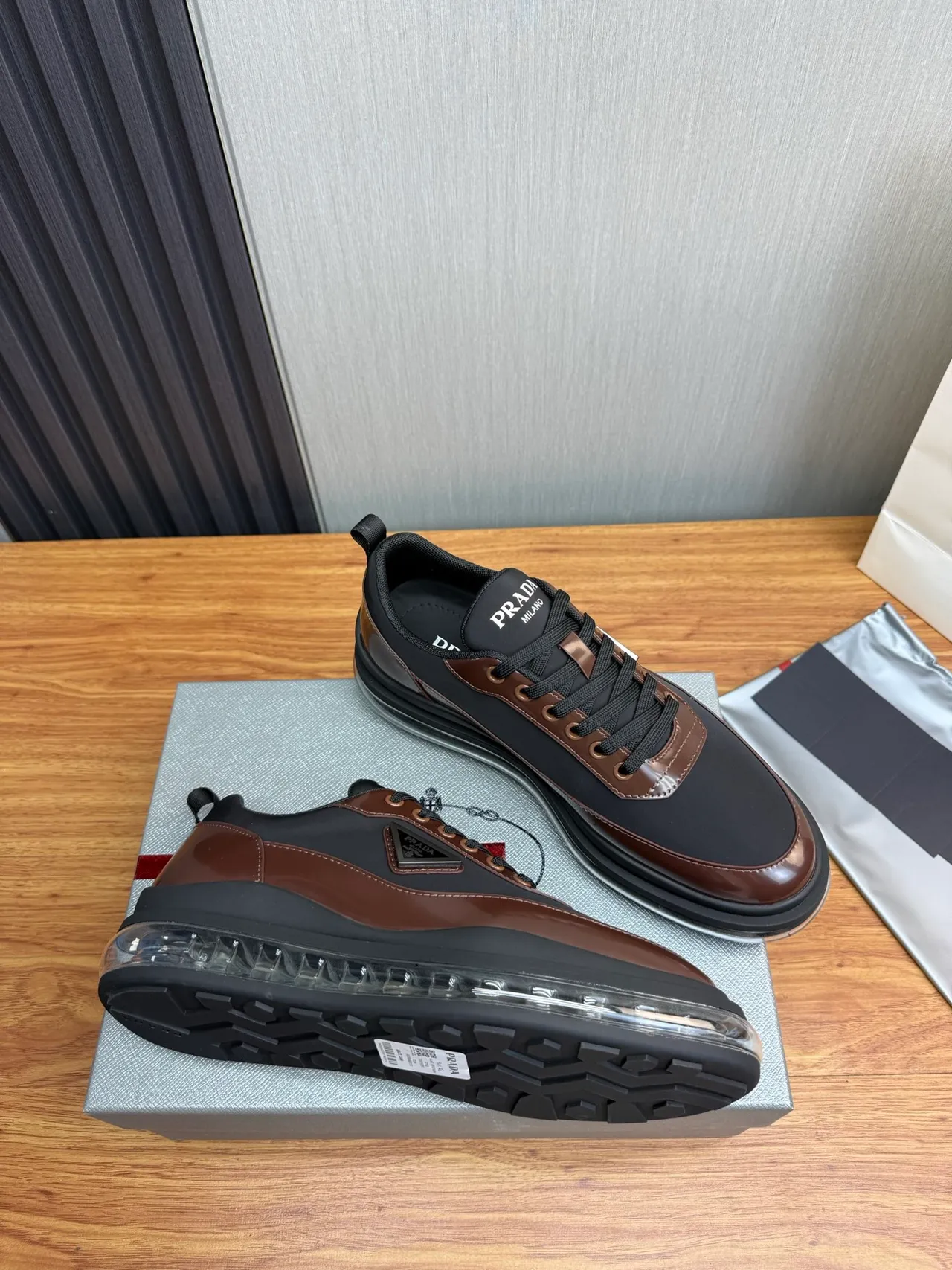 Prada Cloudbust Black and Brown Patent Leather Chunky Sneakers 5