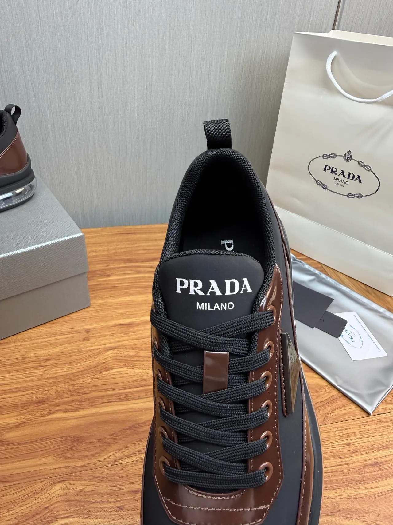 Prada Cloudbust Black and Brown Patent Leather Chunky Sneakers 8