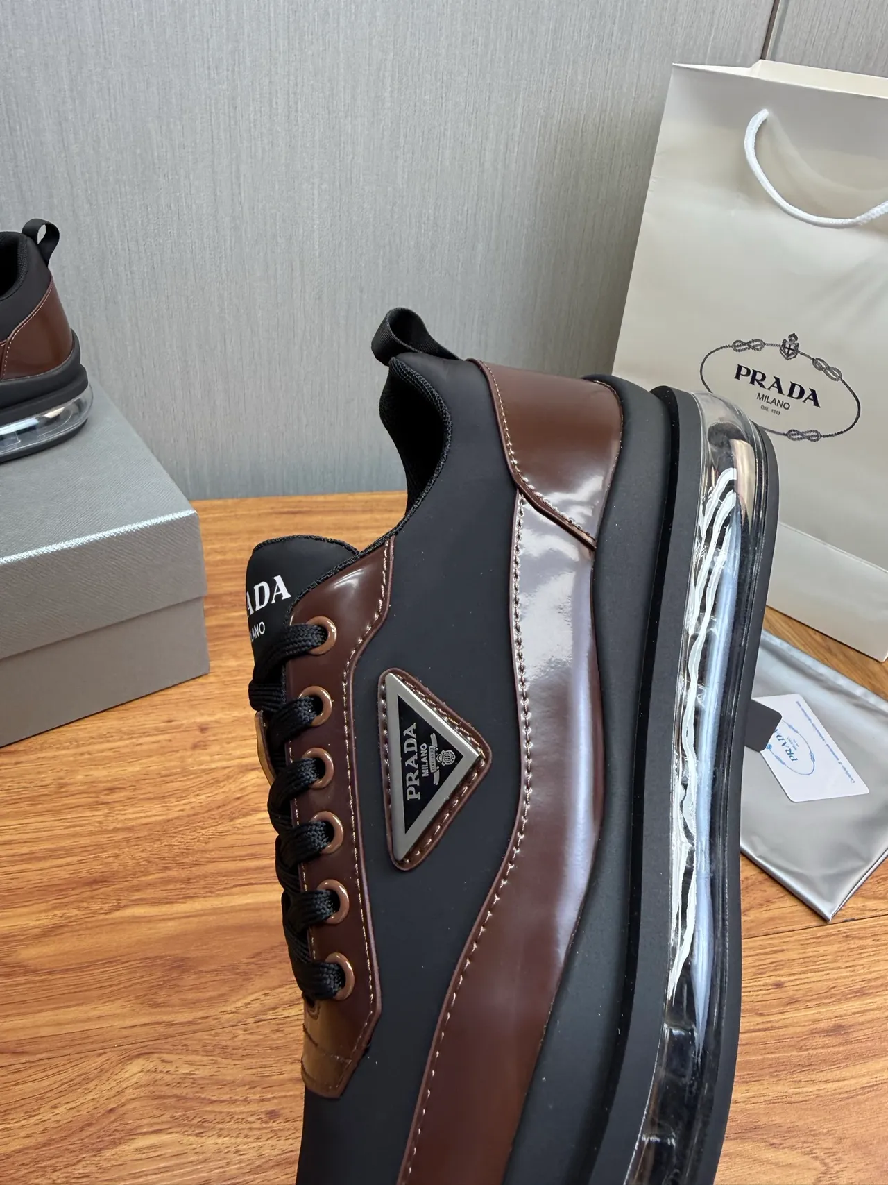 Prada Cloudbust Black and Brown Patent Leather Chunky Sneakers 9