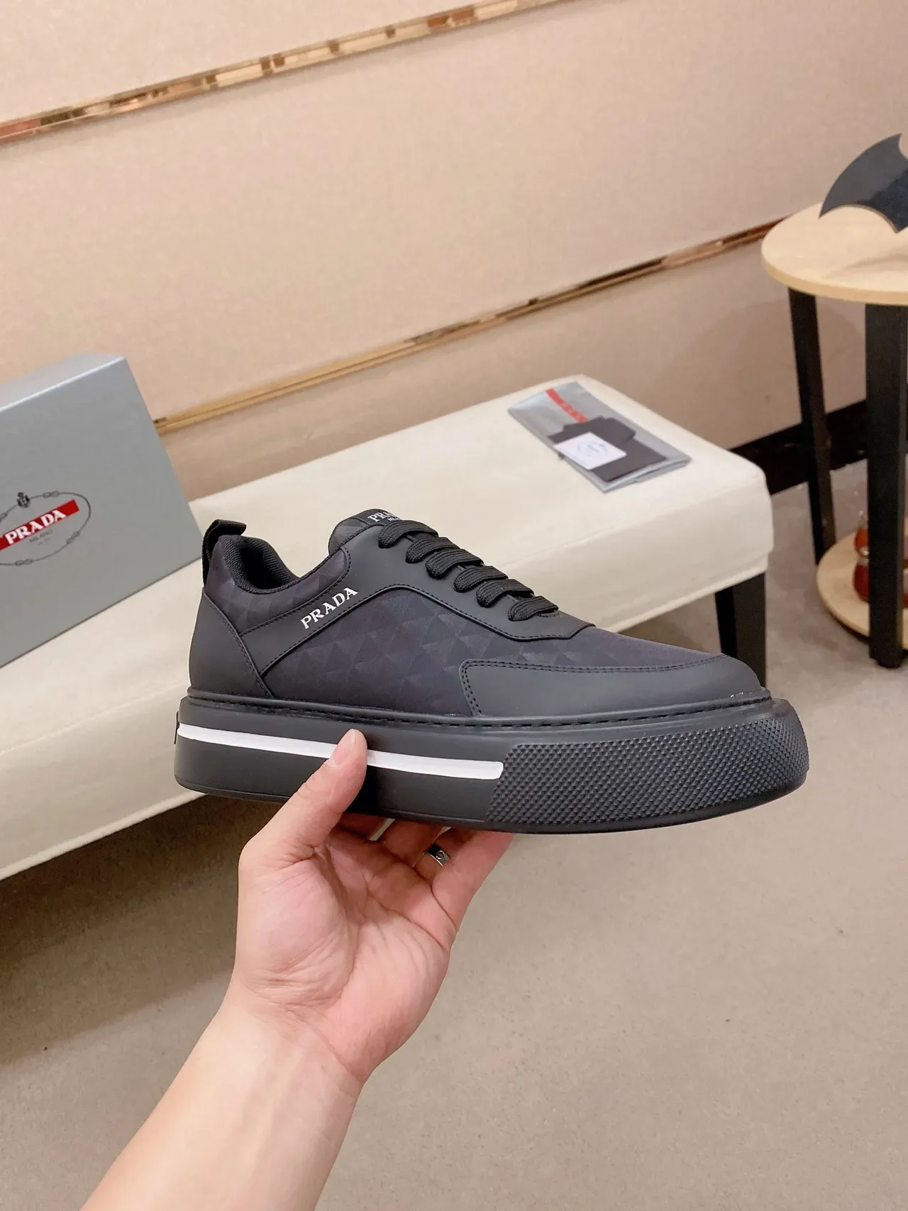Prada Cloudbust Black White Platform Sole Quilted Upper Panel Lifestyle Sneakers 4