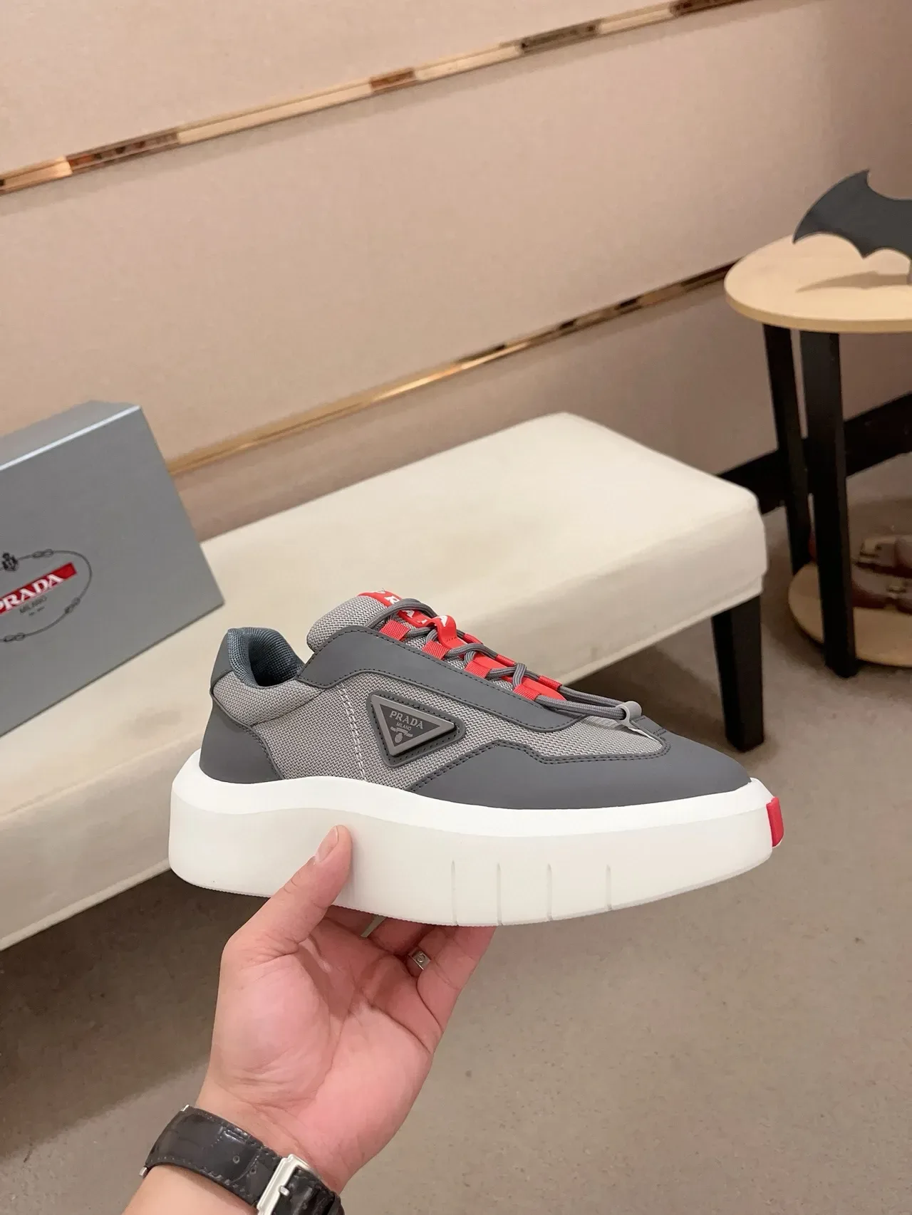 Prada Cloudbust Gray and Red Platform Lifestyle Sneakers 5