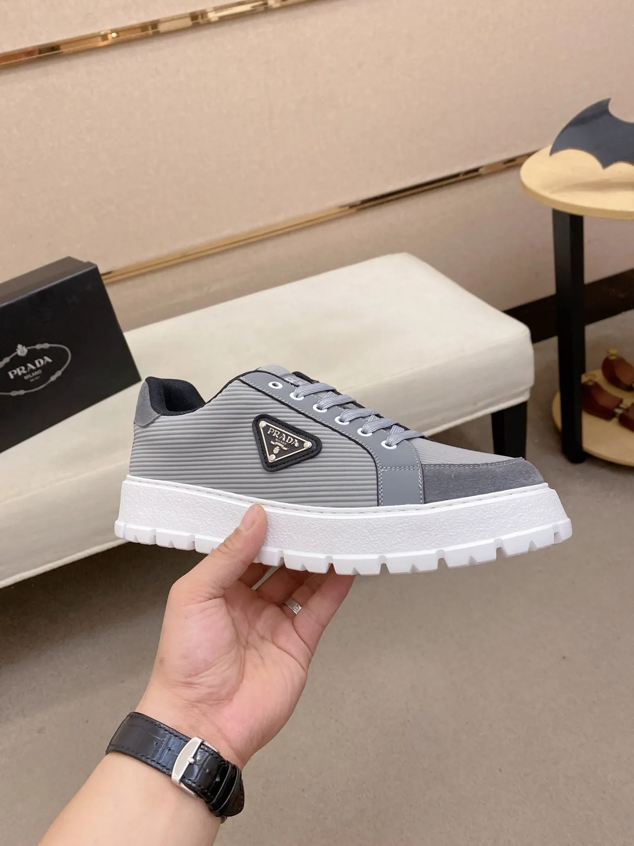 Prada Cloudbust Gray White Ribbed Nylon Upper Triangular Metal Logo Plaque Lifestyle Sneakers 4