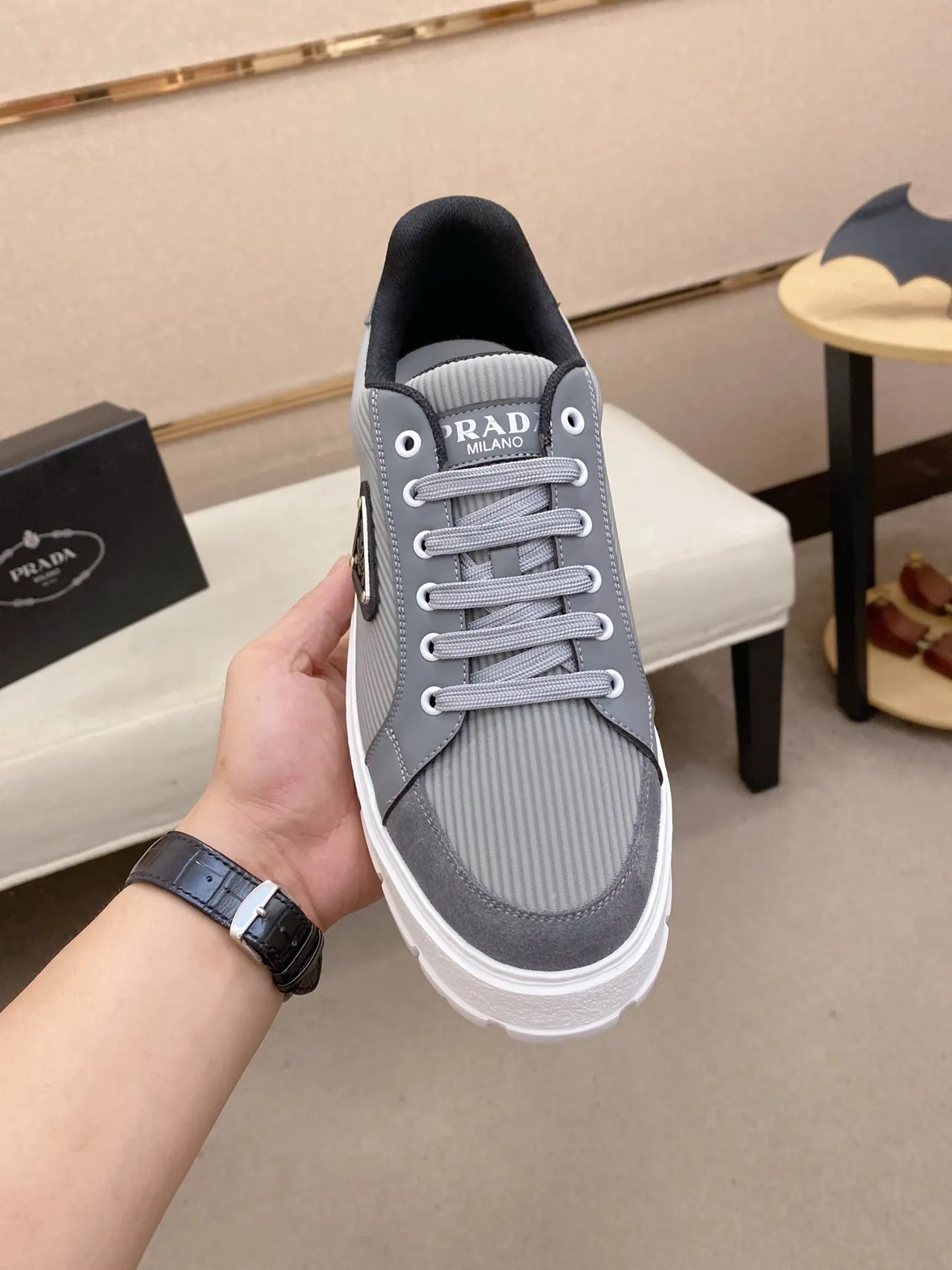 Prada Cloudbust Gray White Ribbed Nylon Upper Triangular Metal Logo Plaque Lifestyle Sneakers 5