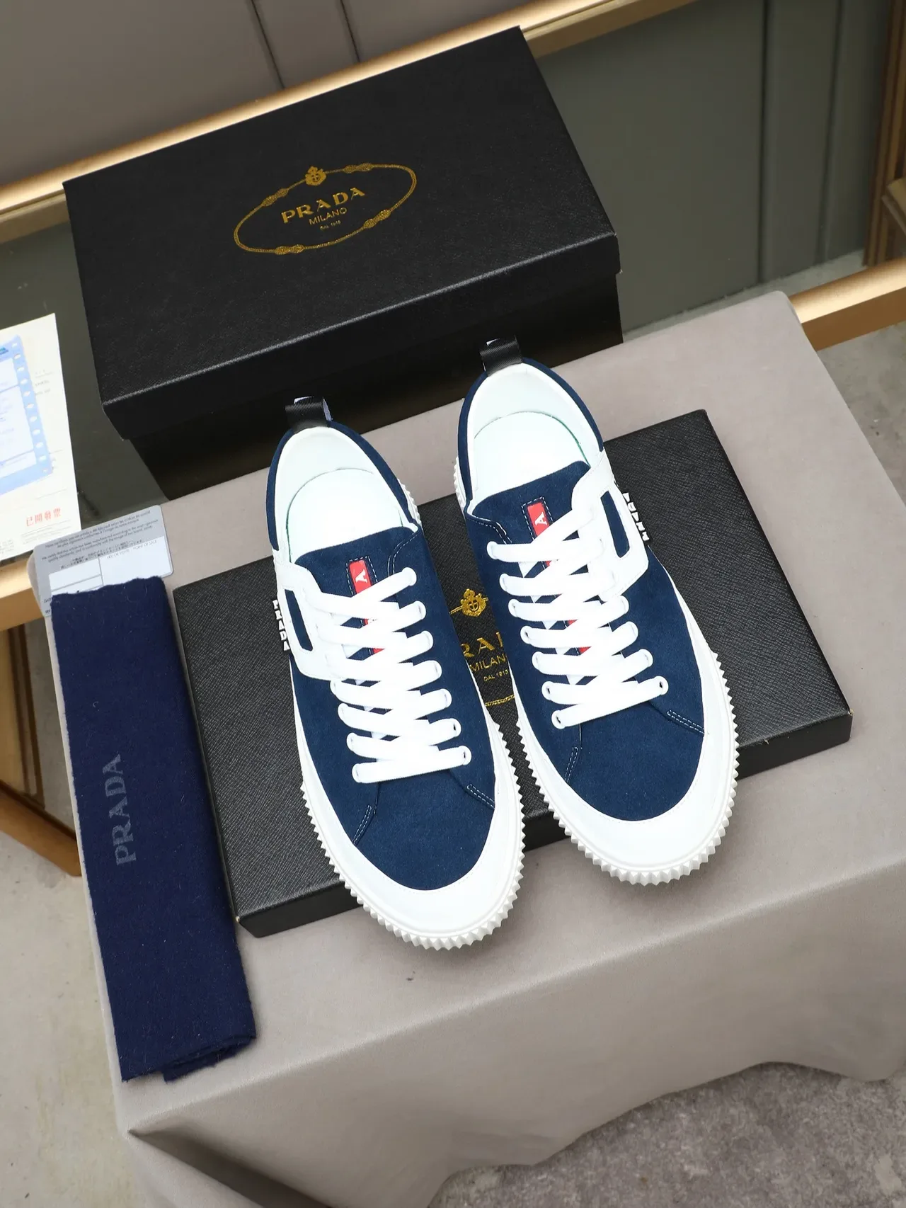 Prada Cloudbust Navy White Daim Upper Sangle Contrast Sneakers Lifestyle 2