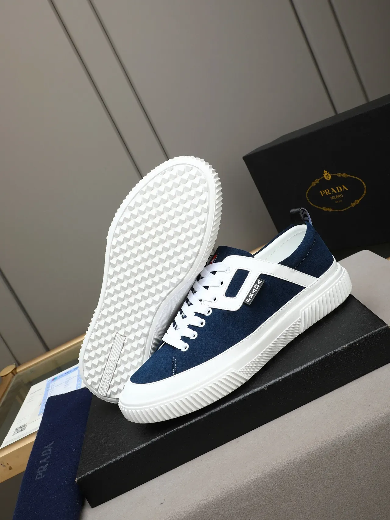Prada Cloudbust Navy White Daim Upper Sangle Contrast Sneakers Lifestyle 4