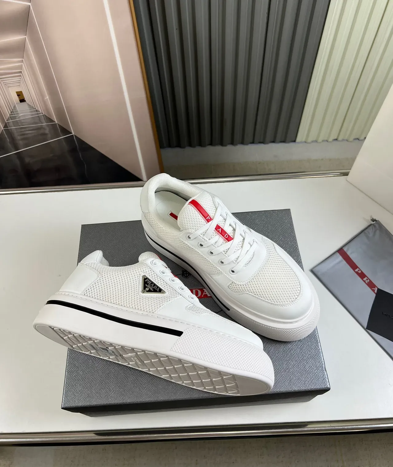 Prada Cloudbust White Mesh and Leather Lifestyle Sneakers 6