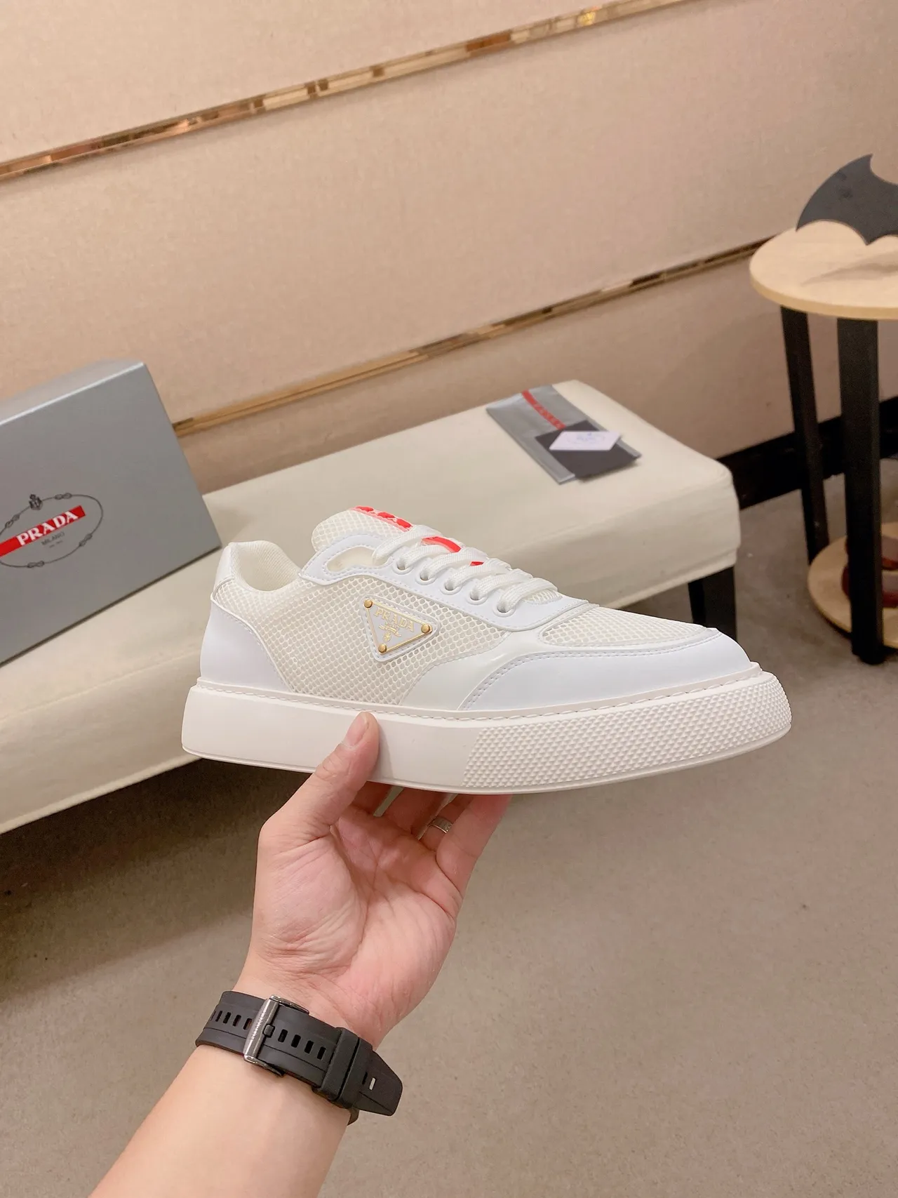 Prada Cloudbust White Mesh and Leather Platform Lifestyle Sneakers 5