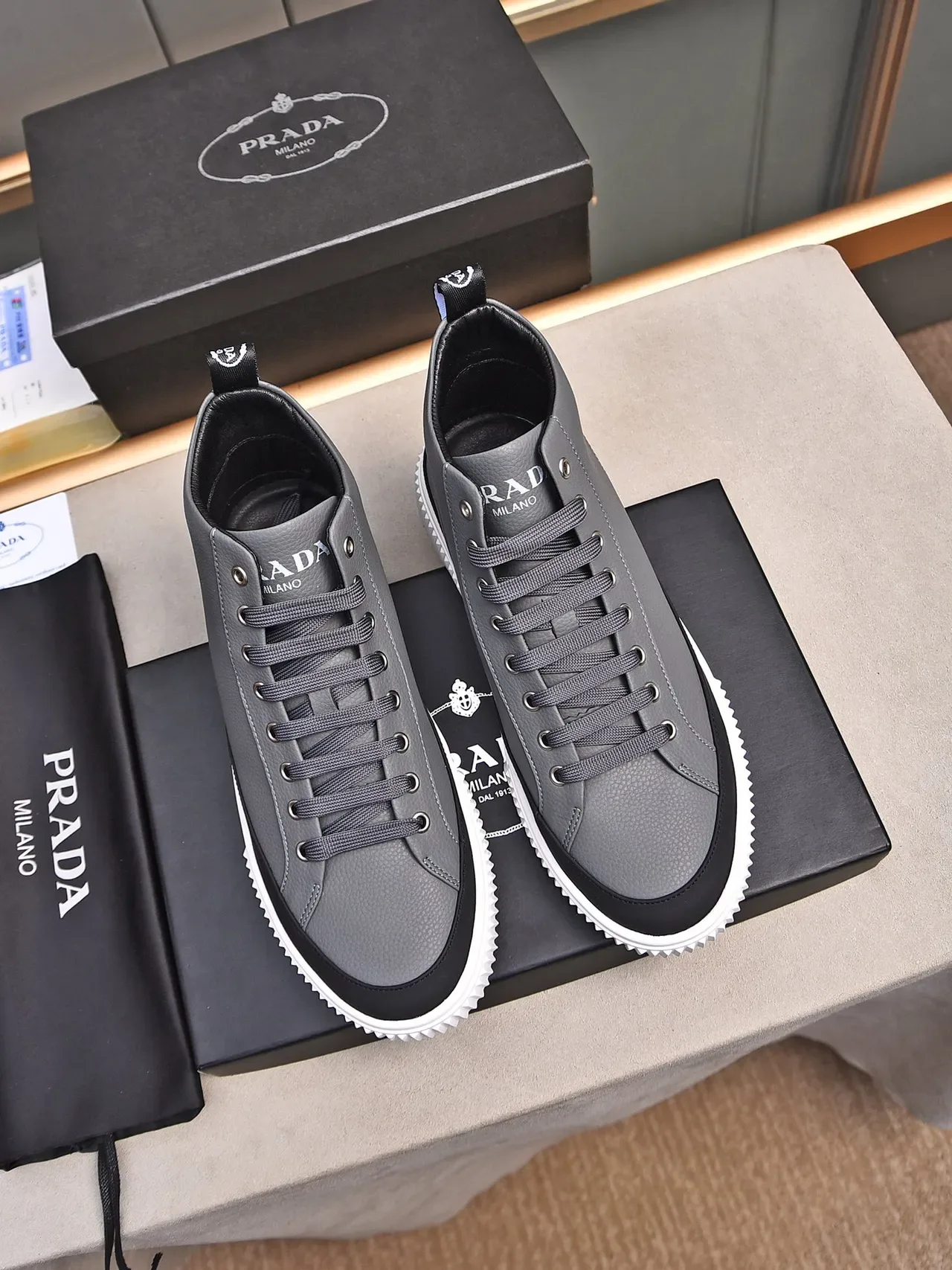 Prada Gray Red High-Top Textured Leather Upper Lifestyle Sneakers 2
