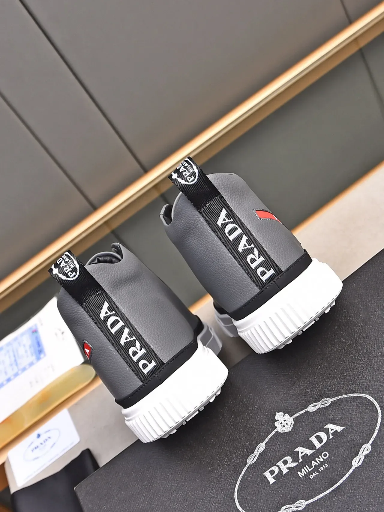 Prada Gray Red High-Top Textured Leather Upper Lifestyle Sneakers 3