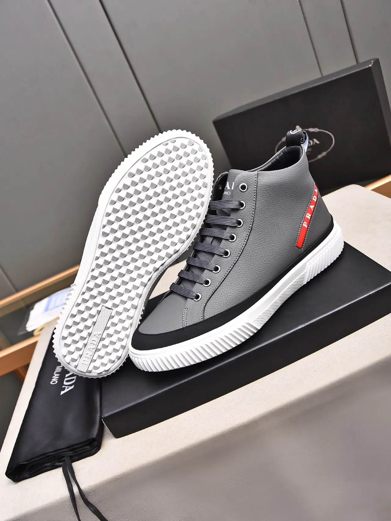 Prada Gray Red High-Top Textured Leather Upper Lifestyle Sneakers 4