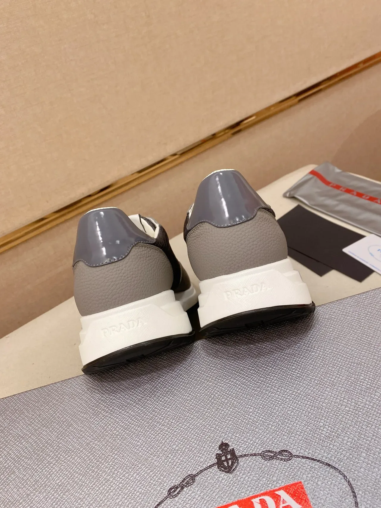 Prada Gray White Mixed-Material Upper Mesh And Textured Leather Panels Lifestyle Sneakers 2