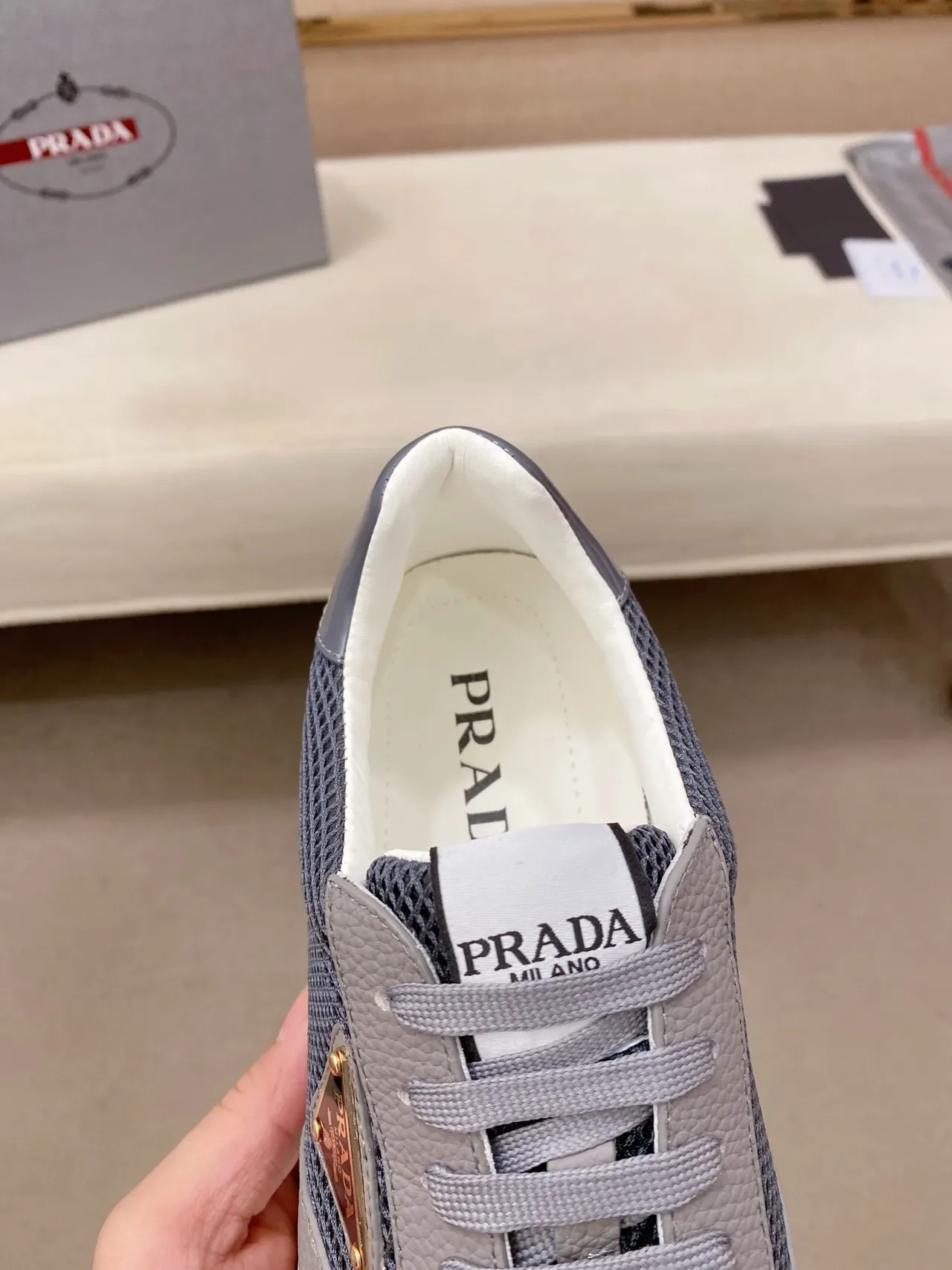 Prada Gray White Mixed-Material Upper Mesh And Textured Leather Panels Lifestyle Sneakers 3