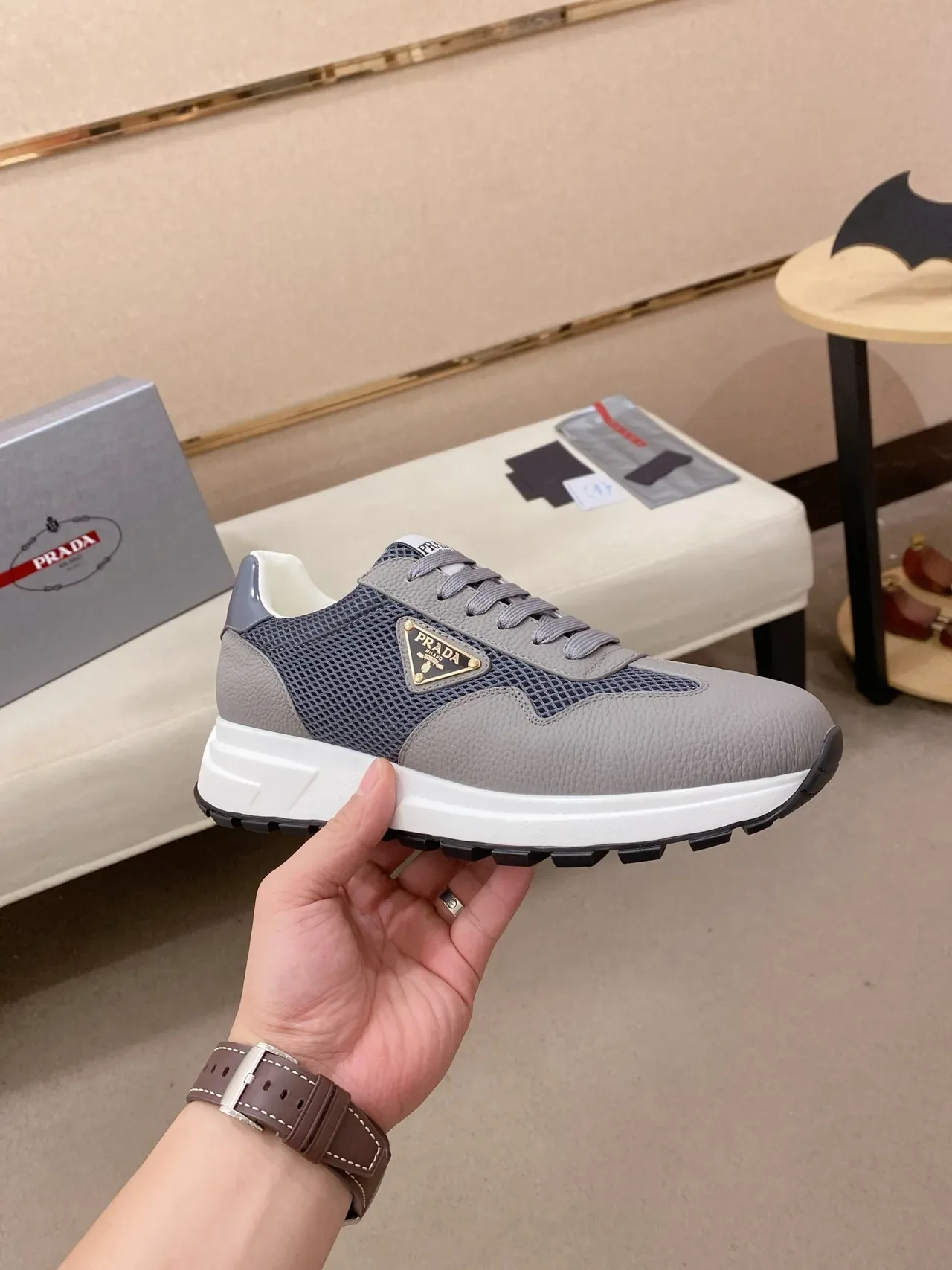Prada Gray White Mixed-Material Upper Mesh And Textured Leather Panels Lifestyle Sneakers 4