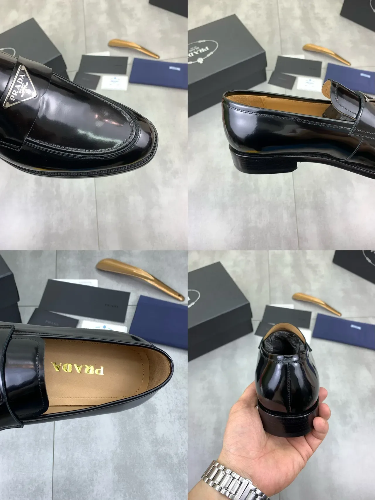 Prada Loafer Black Beige Glossy Patent Leather Metal Logo Plaque Loafer 2
