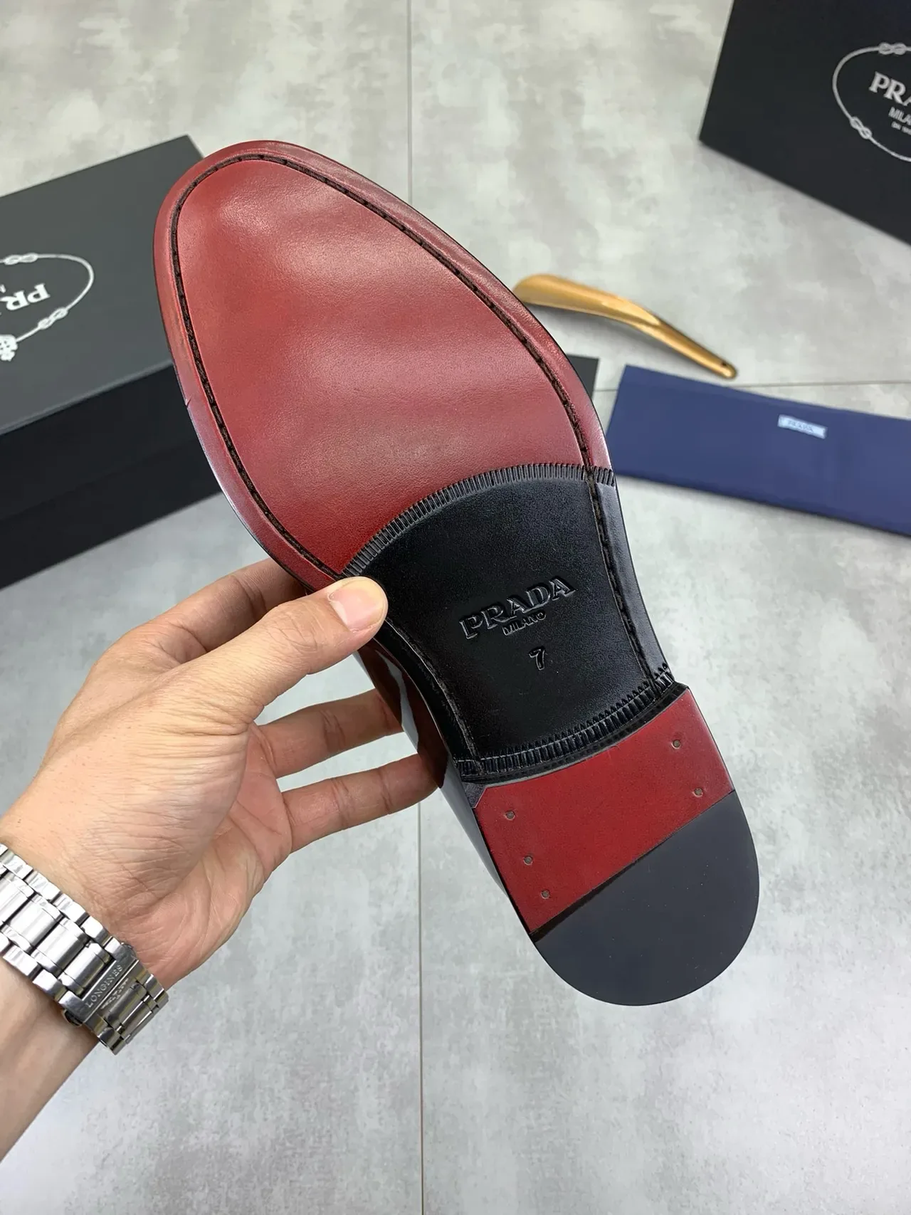 Prada Loafer Black Beige Glossy Patent Leather Metal Logo Plaque Loafer 3
