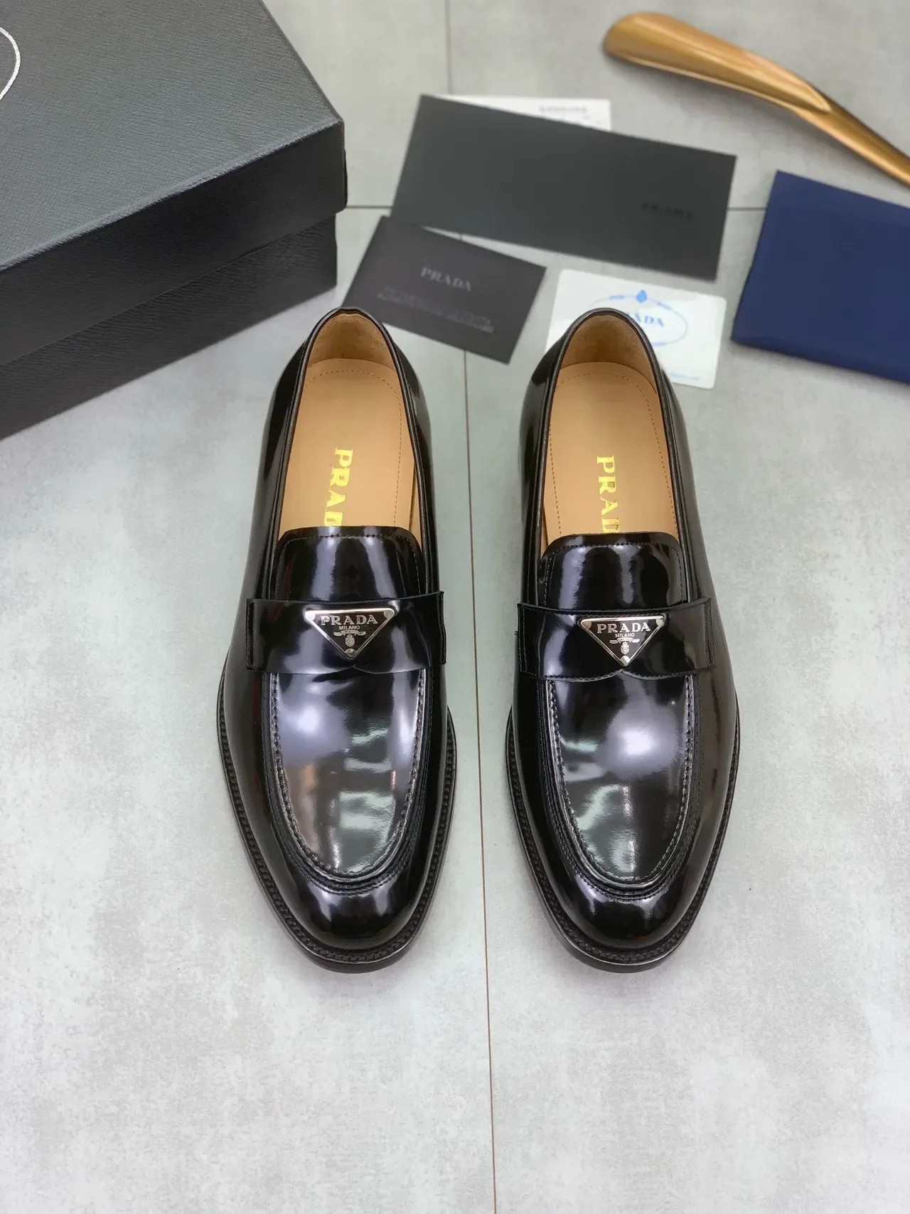 Prada Loafer Black Beige Glossy Patent Leather Metal Logo Plaque Loafer 4