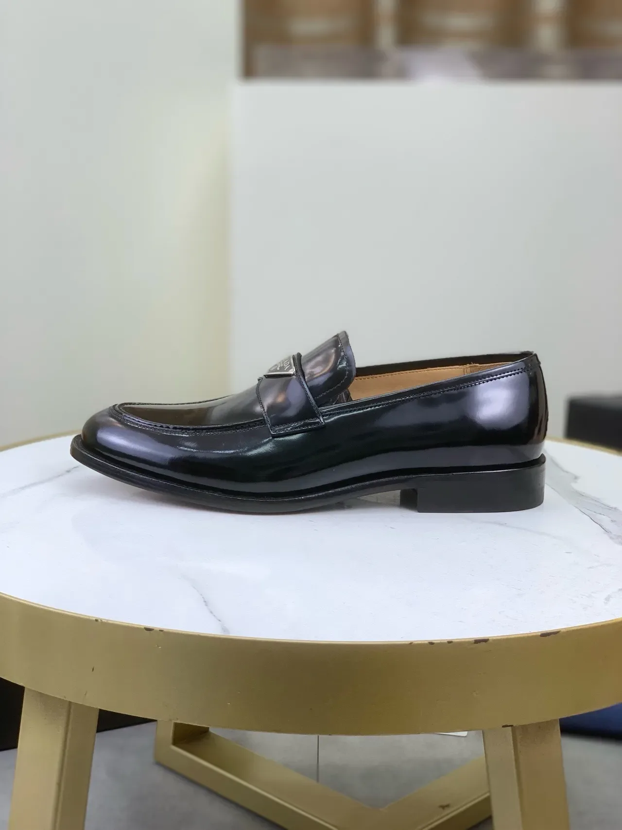 Prada Loafer Black Beige Glossy Patent Leather Metal Logo Plaque Loafer 5