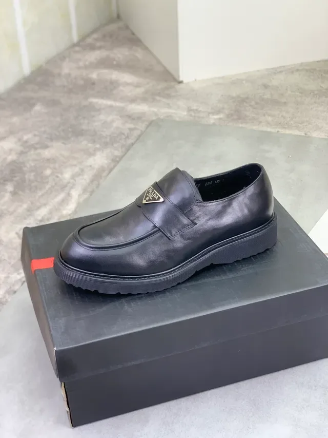 Prada Loafer Black Leather Metal Triangle Plaque Loafer 5