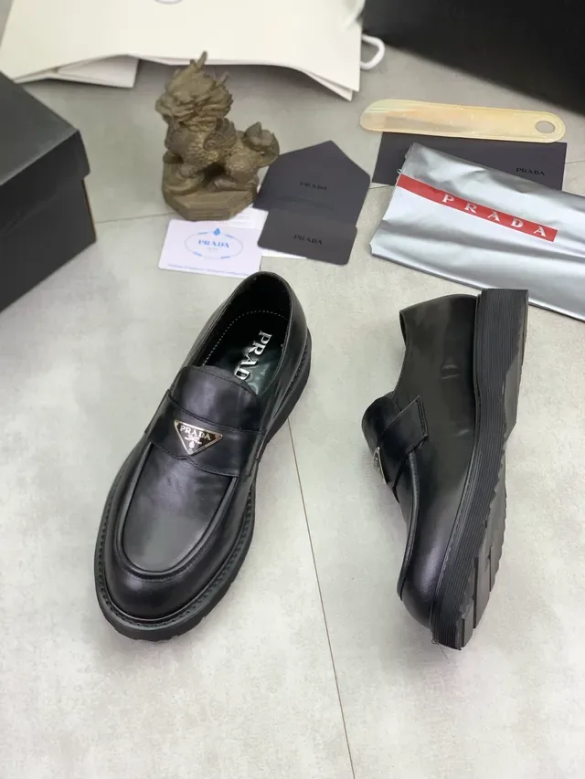 Prada Loafer Black Leather Metal Triangle Plaque Loafer 6