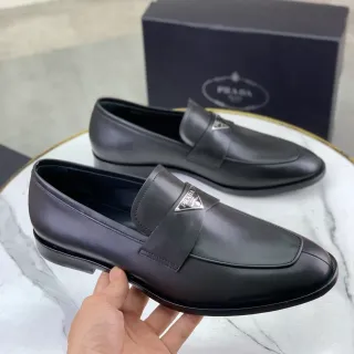 Prada Loafer Black Smooth Leather Metal Triangle Logo Plaque Loafer