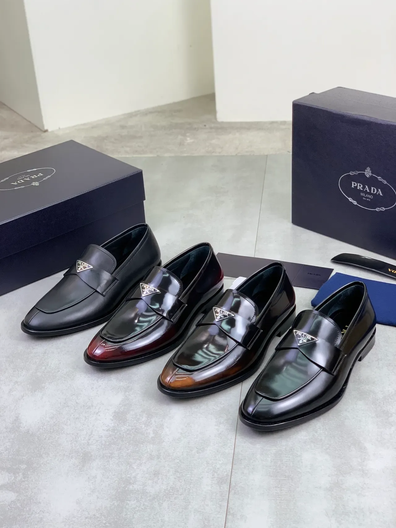 Prada Loafer Black Smooth Leather Metal Triangle Logo Plaque Loafer 2