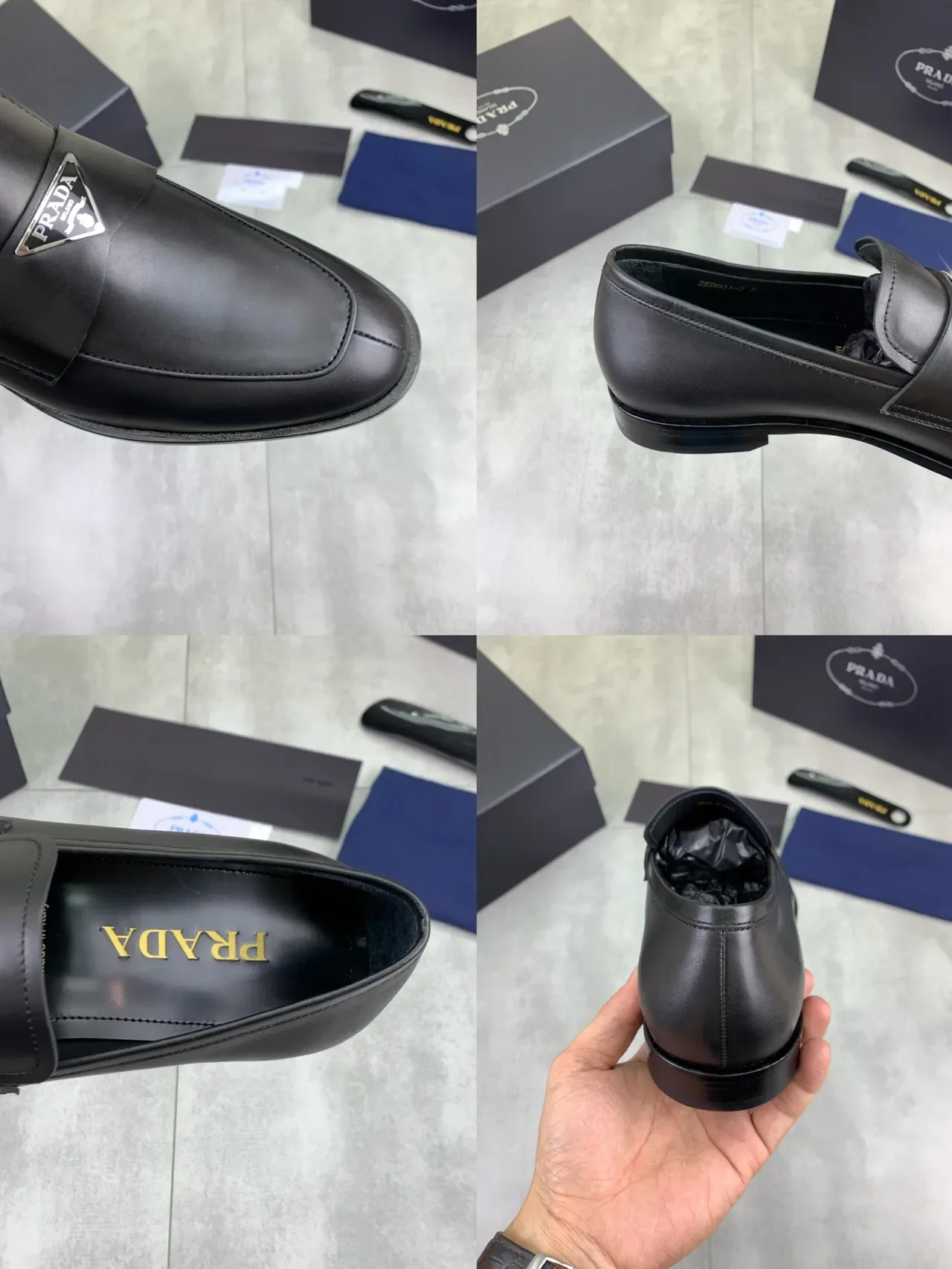 Prada Loafer Black Smooth Leather Metal Triangle Logo Plaque Loafer 3