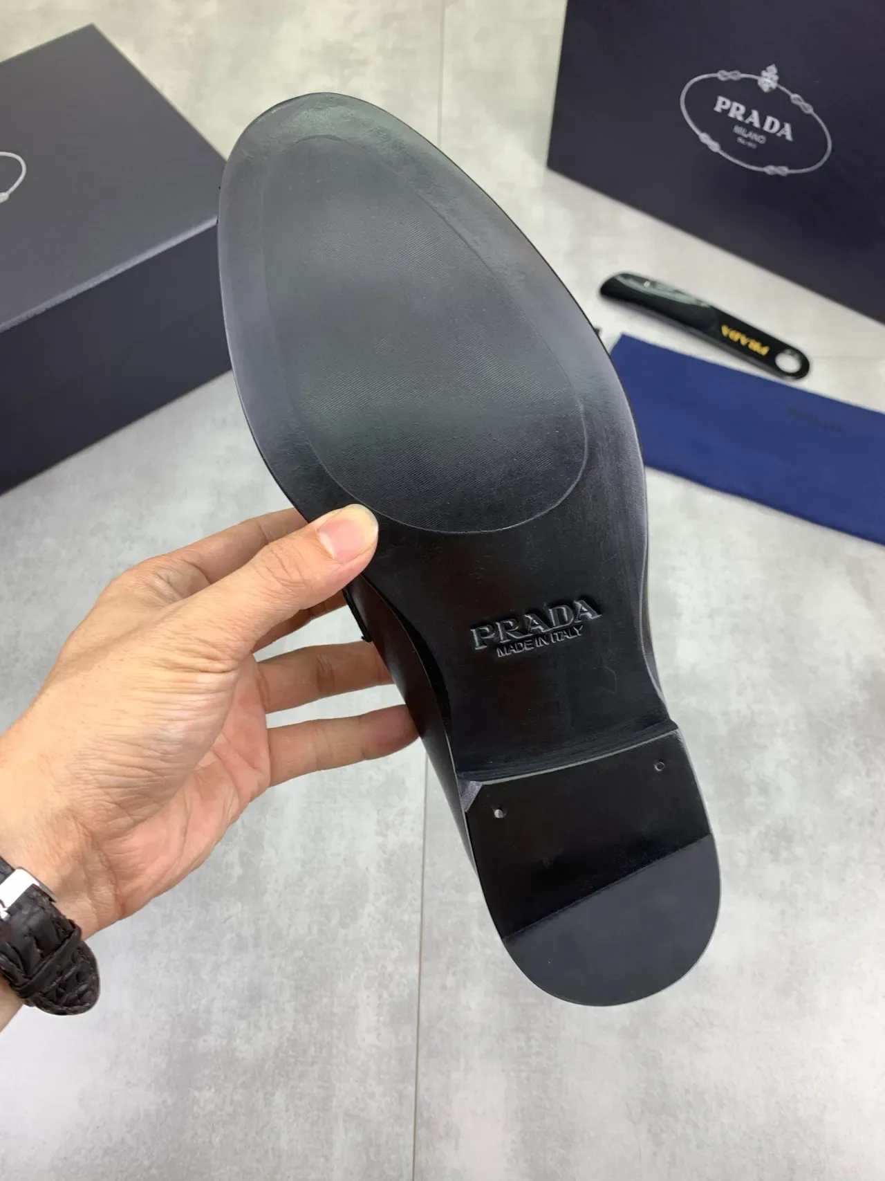 Prada Loafer Black Smooth Leather Metal Triangle Logo Plaque Loafer 4