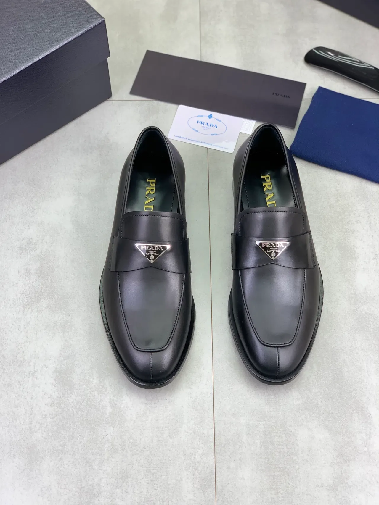 Prada Loafer Black Smooth Leather Metal Triangle Logo Plaque Loafer 5