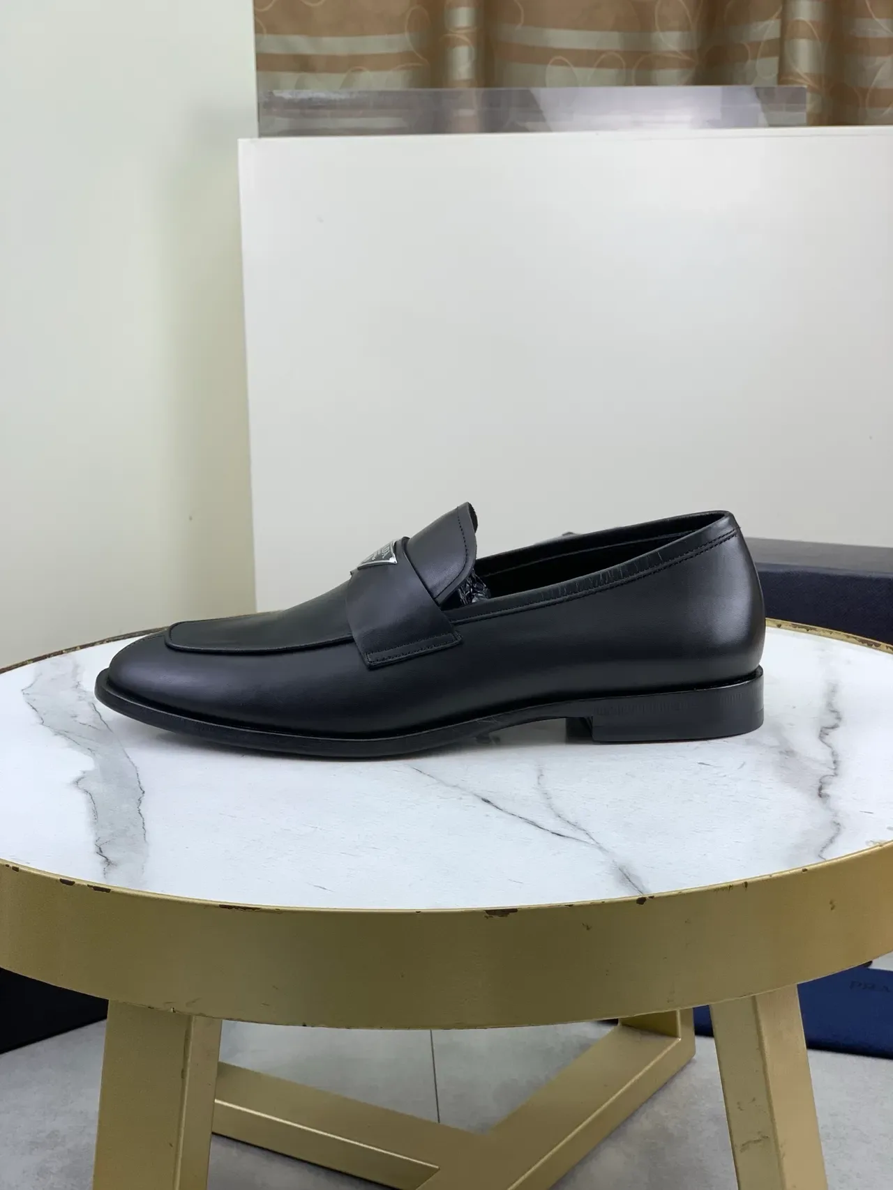 Prada Loafer Black Smooth Leather Metal Triangle Logo Plaque Loafer 6