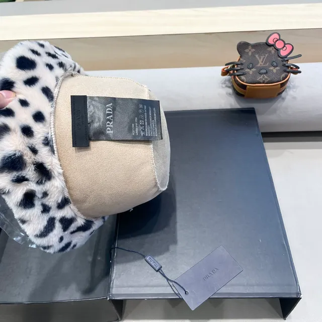 Prada Multicolor Beige Spotted Faux Fur Suede-Lined Interior Beanie 1