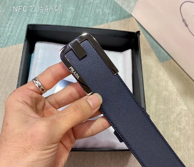 Prada Navy Black Saffiano-Textured Rectangular Polished Metal Buckle Leather Belt 2