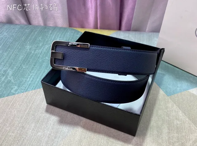 Prada Navy Black Saffiano-Textured Rectangular Polished Metal Buckle Leather Belt 3