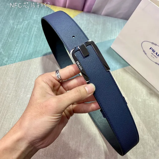 Prada Navy Black Saffiano-Textured Rectangular Polished Metal Buckle Leather Belt 4