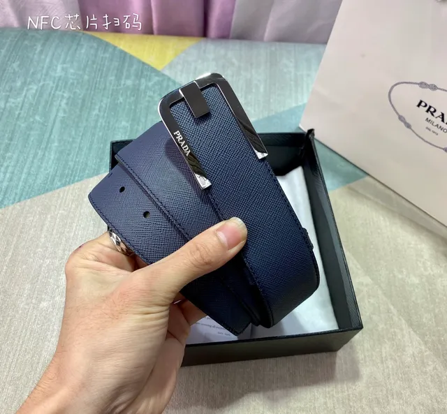 Prada Navy Black Saffiano-Textured Rectangular Polished Metal Buckle Leather Belt 6