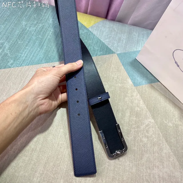 Prada Navy Black Saffiano-Textured Rectangular Polished Metal Buckle Leather Belt 7