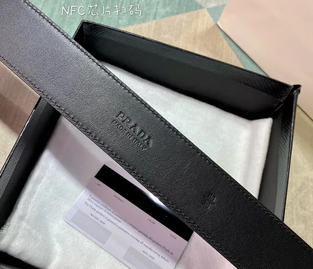 Prada Navy Black Saffiano-Textured Rectangular Polished Metal Buckle Leather Belt 8