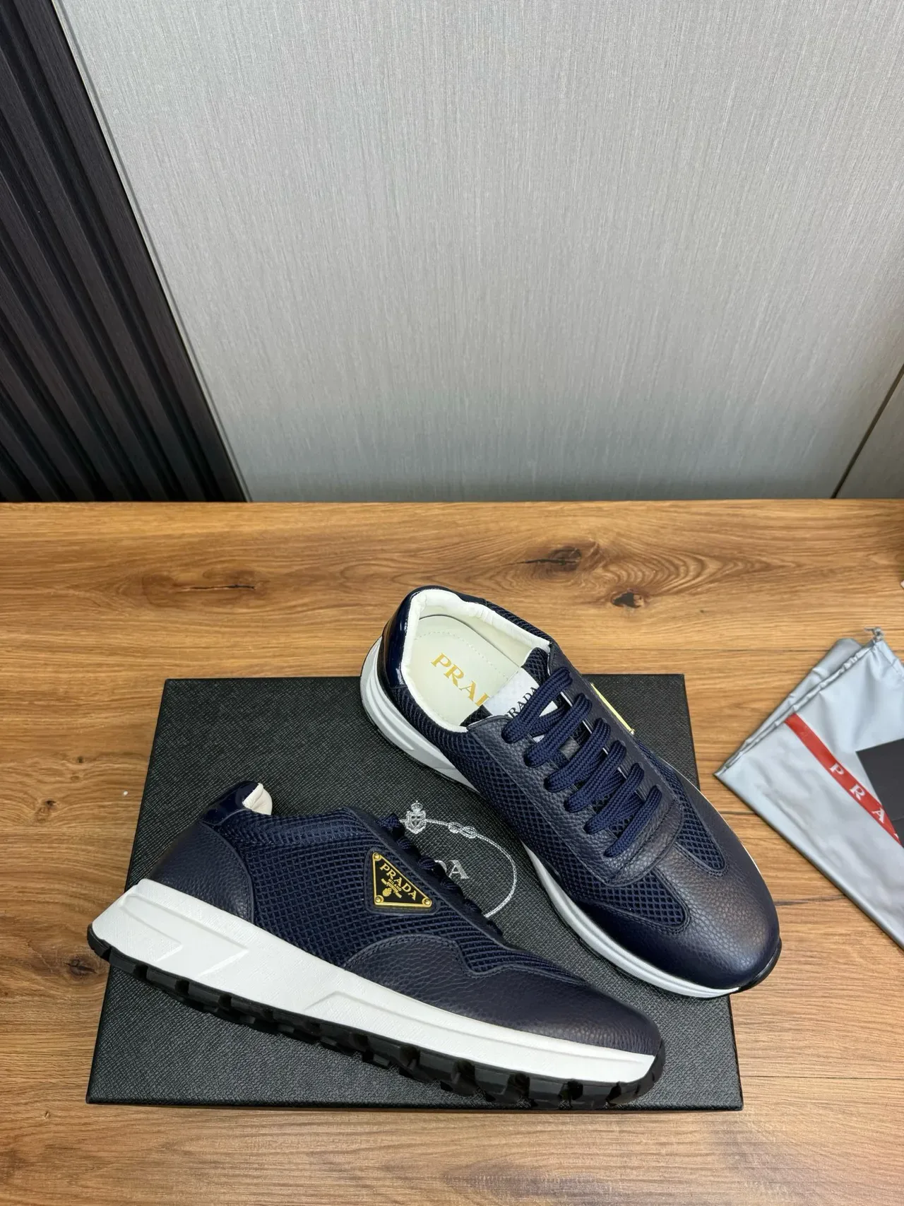 Prada Navy White Mixed-Material Upper Mesh And Pebbled Leather Lifestyle Sneakers 2