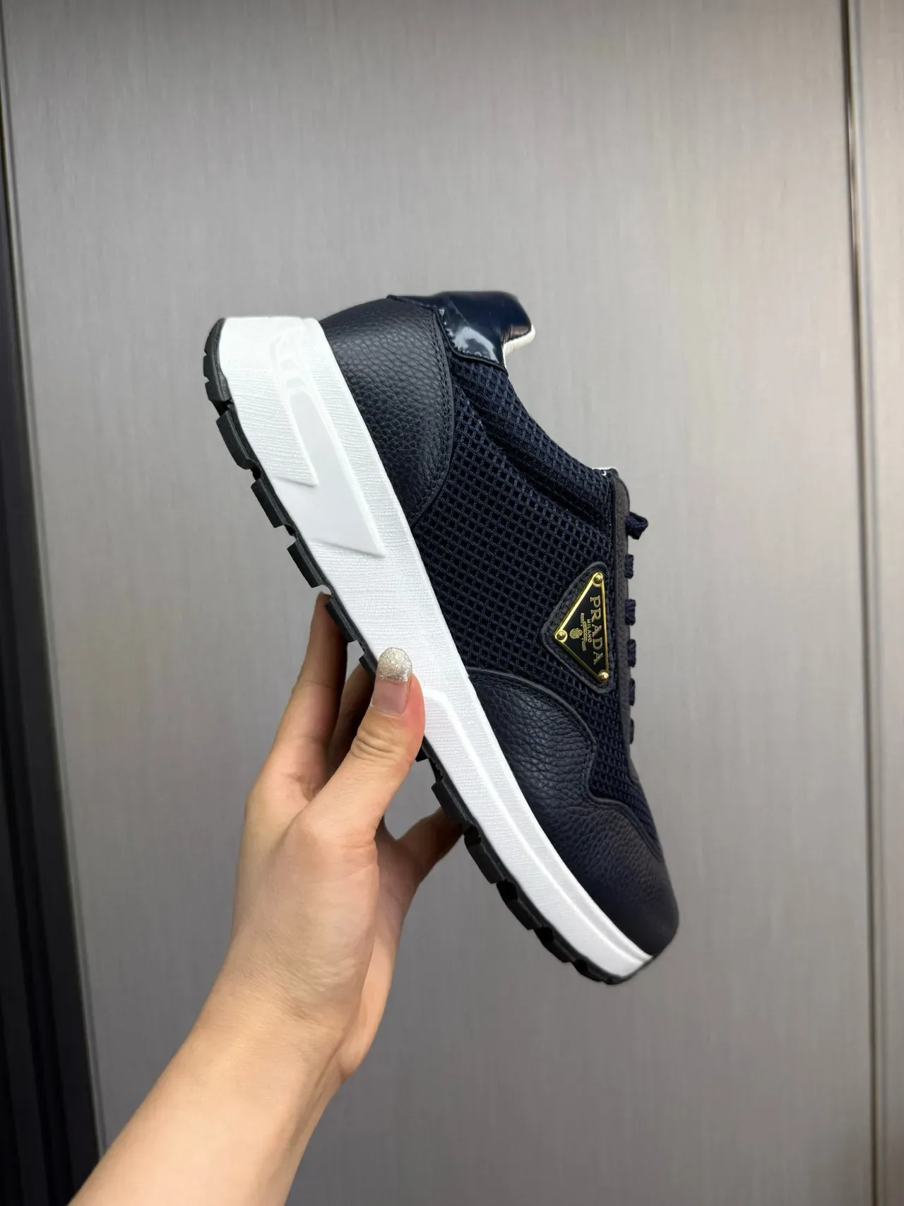 Prada Navy White Mixed-Material Upper Mesh And Pebbled Leather Lifestyle Sneakers 3