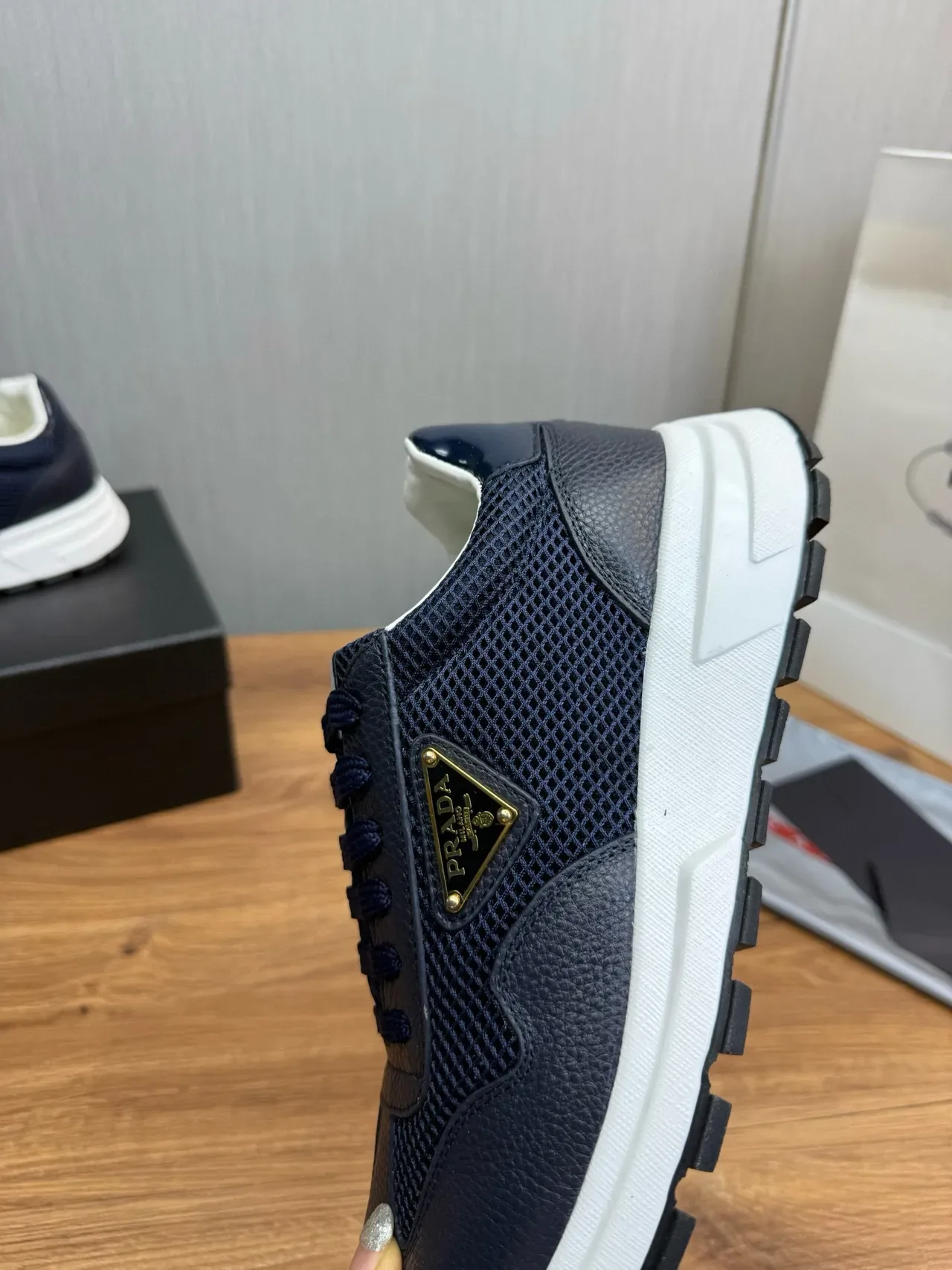 Prada Navy White Mixed-Material Upper Mesh And Pebbled Leather Lifestyle Sneakers 4