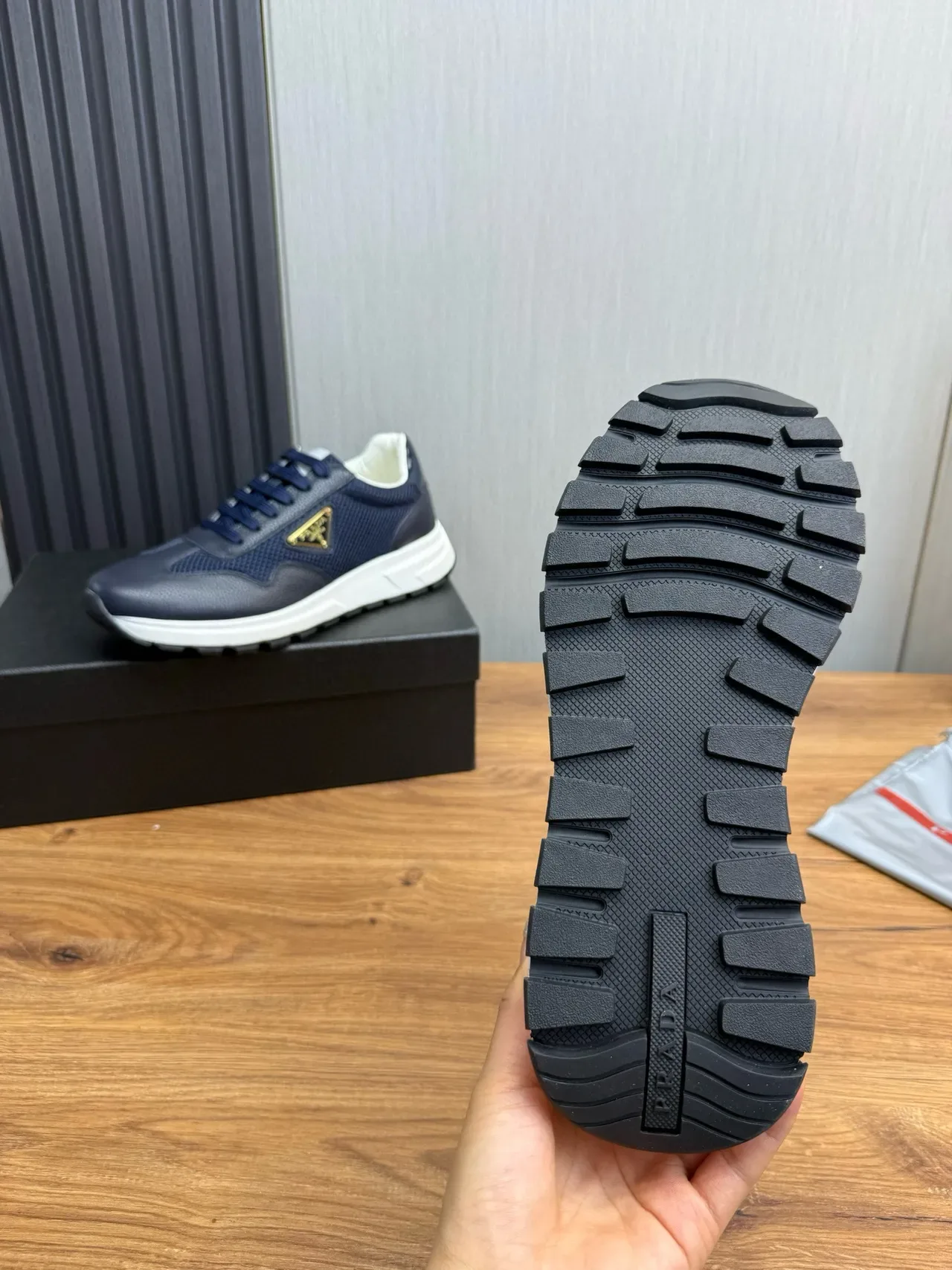 Prada Navy White Mixed-Material Upper Mesh And Pebbled Leather Lifestyle Sneakers 5