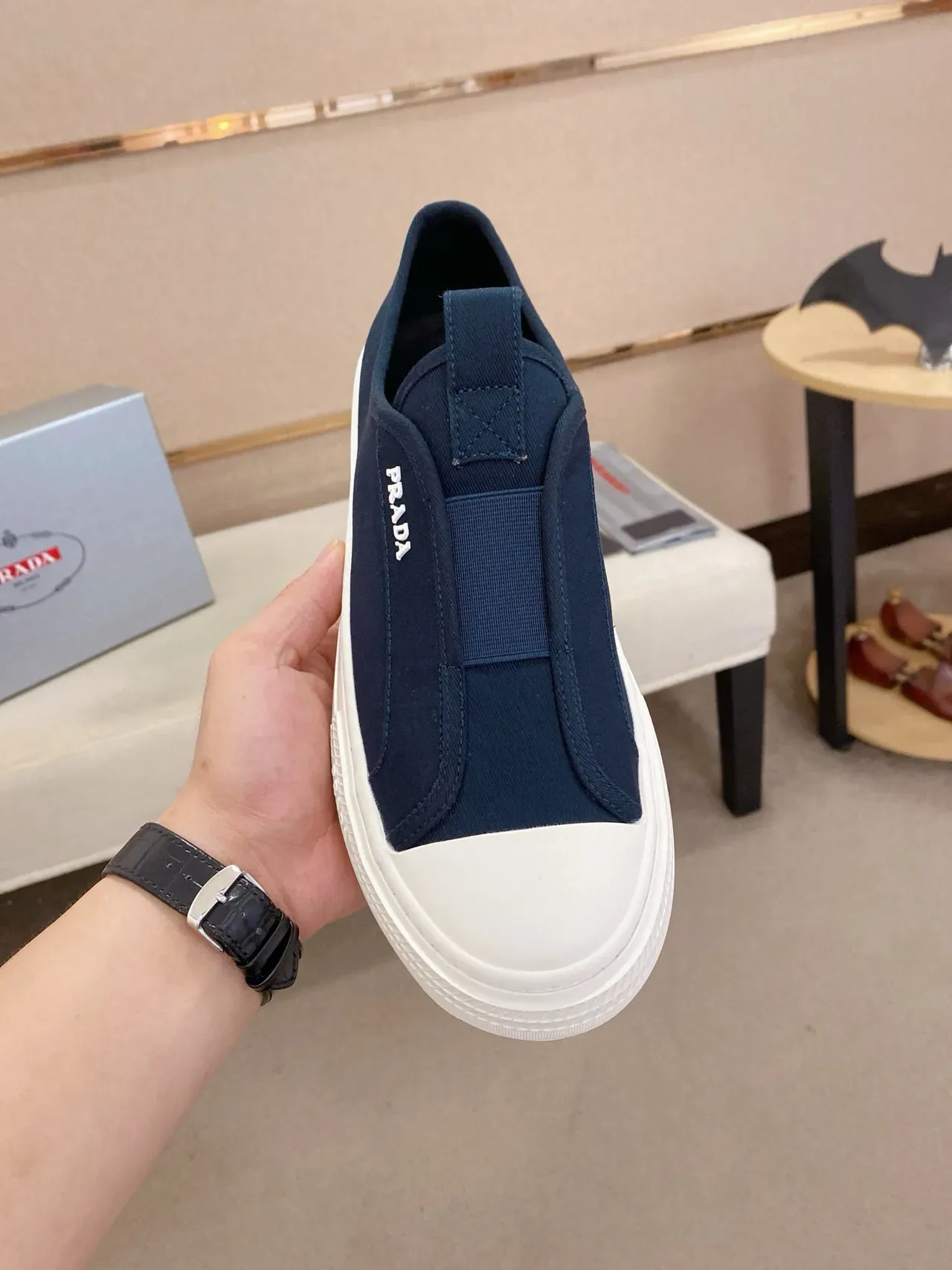 Prada Navy White Slip-On Elasticated Vamp Lifestyle Sneakers 2