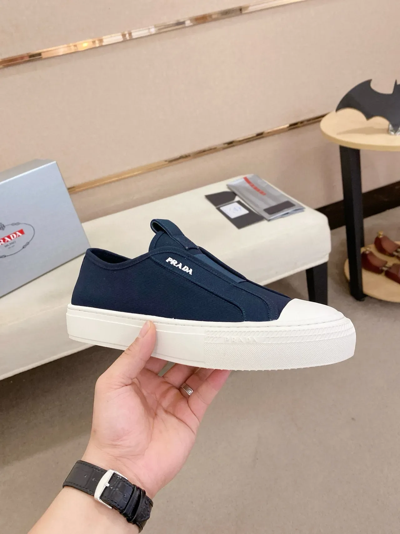 Prada Navy White Slip-On Elasticated Vamp Lifestyle Sneakers 4