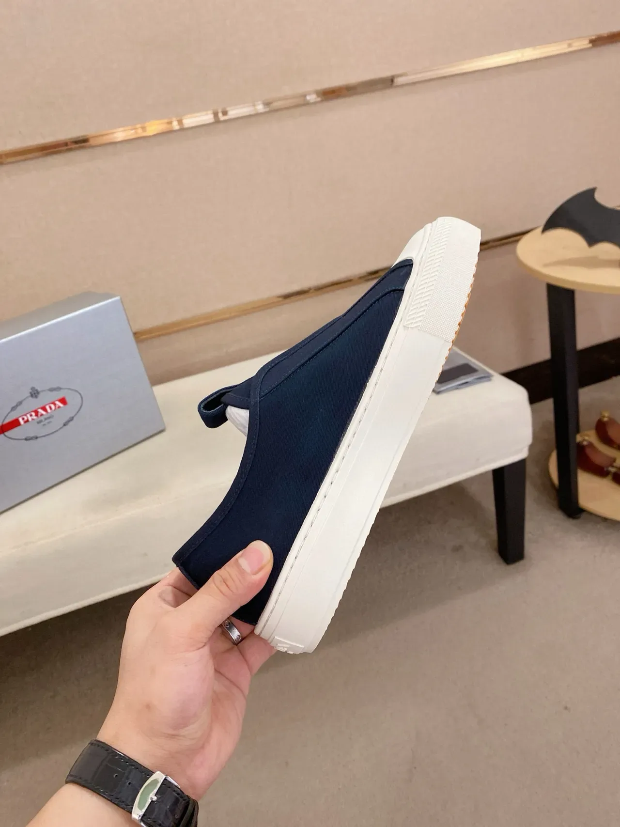 Prada Navy White Slip-On Elasticated Vamp Lifestyle Sneakers 5