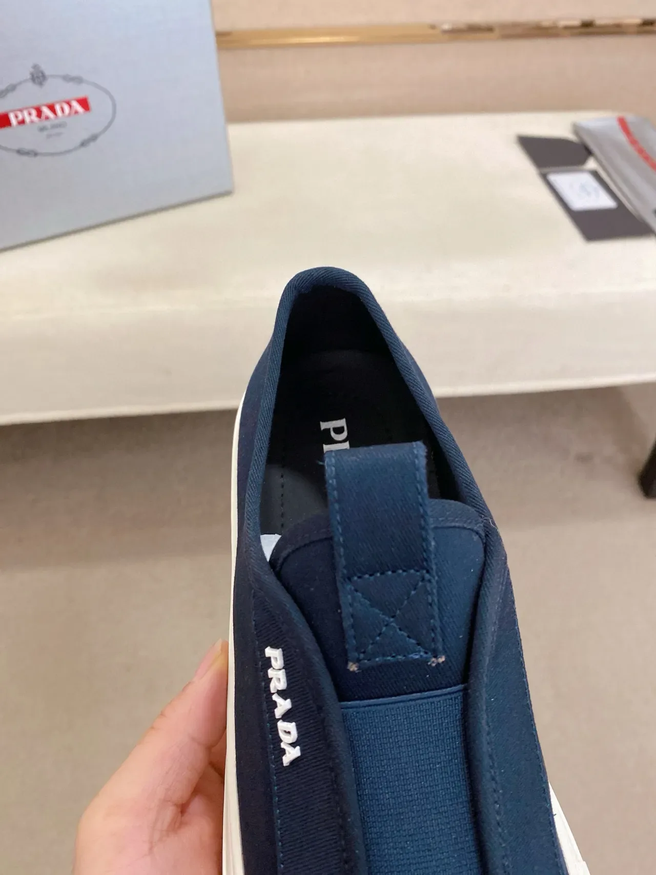 Prada Navy White Slip-On Elasticated Vamp Lifestyle Sneakers 6