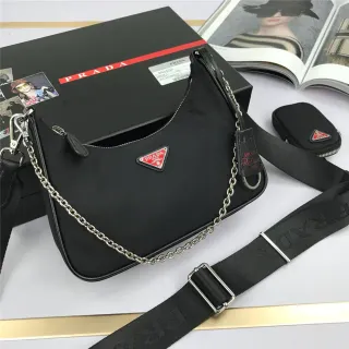 Prada Re-Edition Black Silver Curved Hobo Silhouette Nylon Body Chain Bag